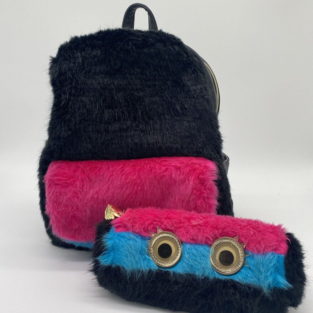 Betsey Johnson Kitsch Trolls XOXO Hot Pink Fur Backpack & Pencil Box 2 Pieces